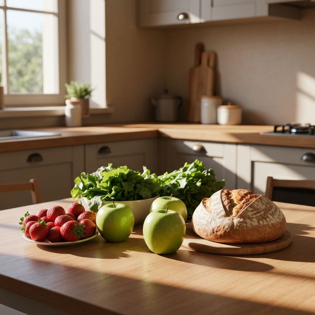 Mesa com alimentos variados num ambiente doméstico tranquilo