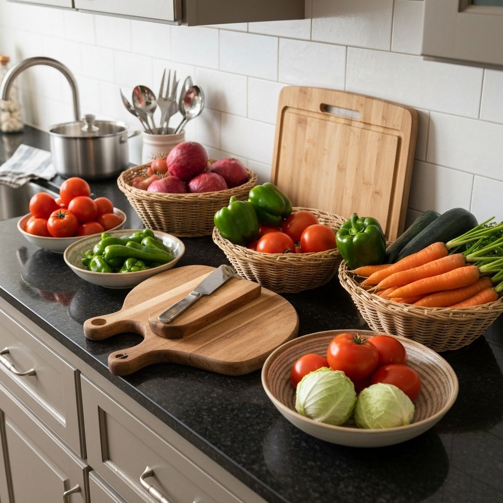 Cozinha doméstica com ingredientes frescos organizados