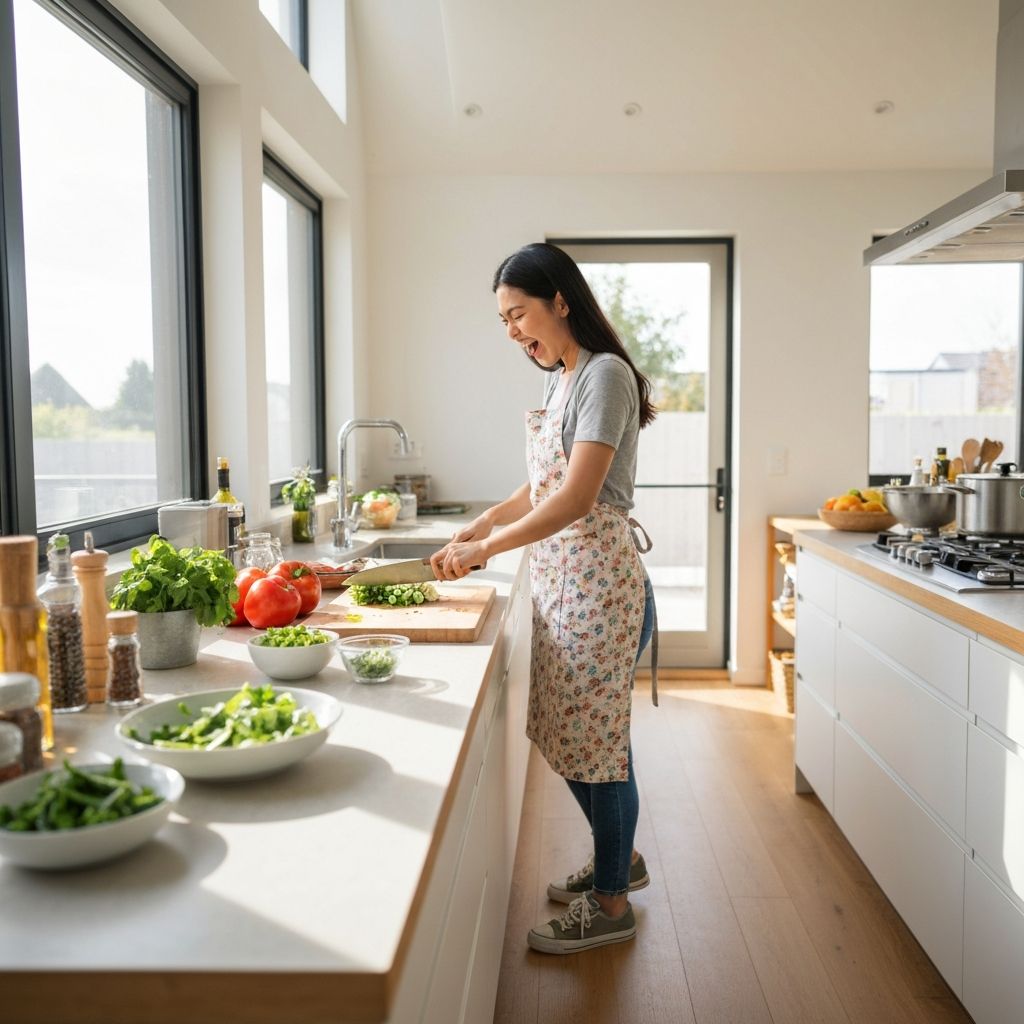 Pessoa em movimento numa cozinha durante preparação de refeição
